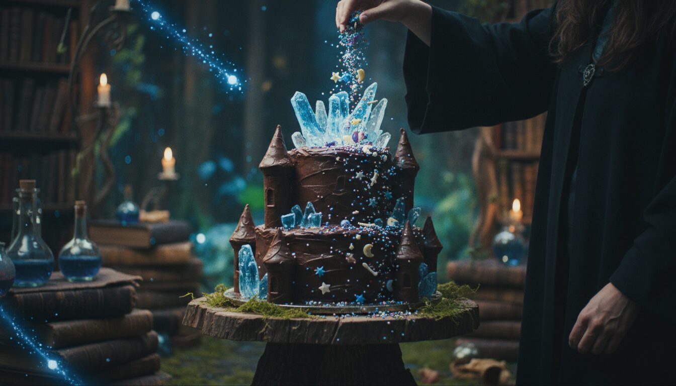 découvrez notre gâteau de sorcier au chocolat intense, parsemé d'éclats magiques croquants pour une expérience gourmande et envoûtante.