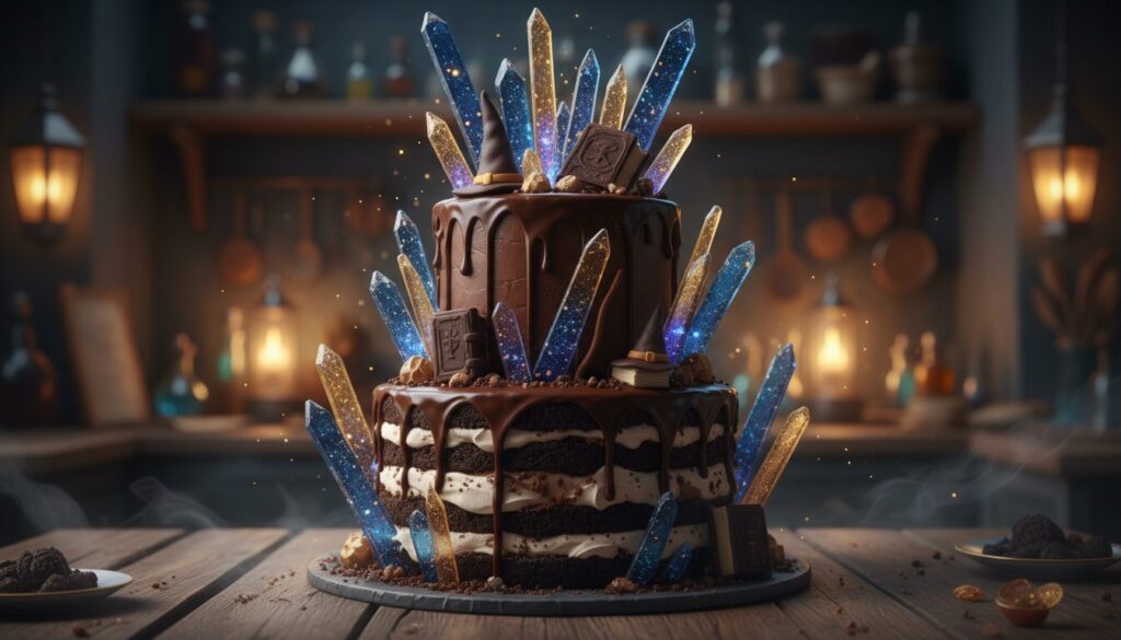 découvrez notre gâteau de sorcier au chocolat, enrichi d'éclats magiques pour un dessert ensorcelant qui ravira petits et grands.