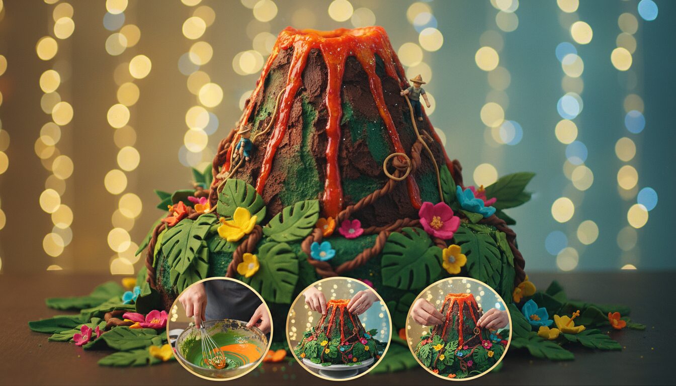découvrez notre gâteau volcan aux couleurs de la jungle, parfait pour émerveiller les petits explorateurs lors de leurs fêtes d'anniversaire ou aventures gourmandes.