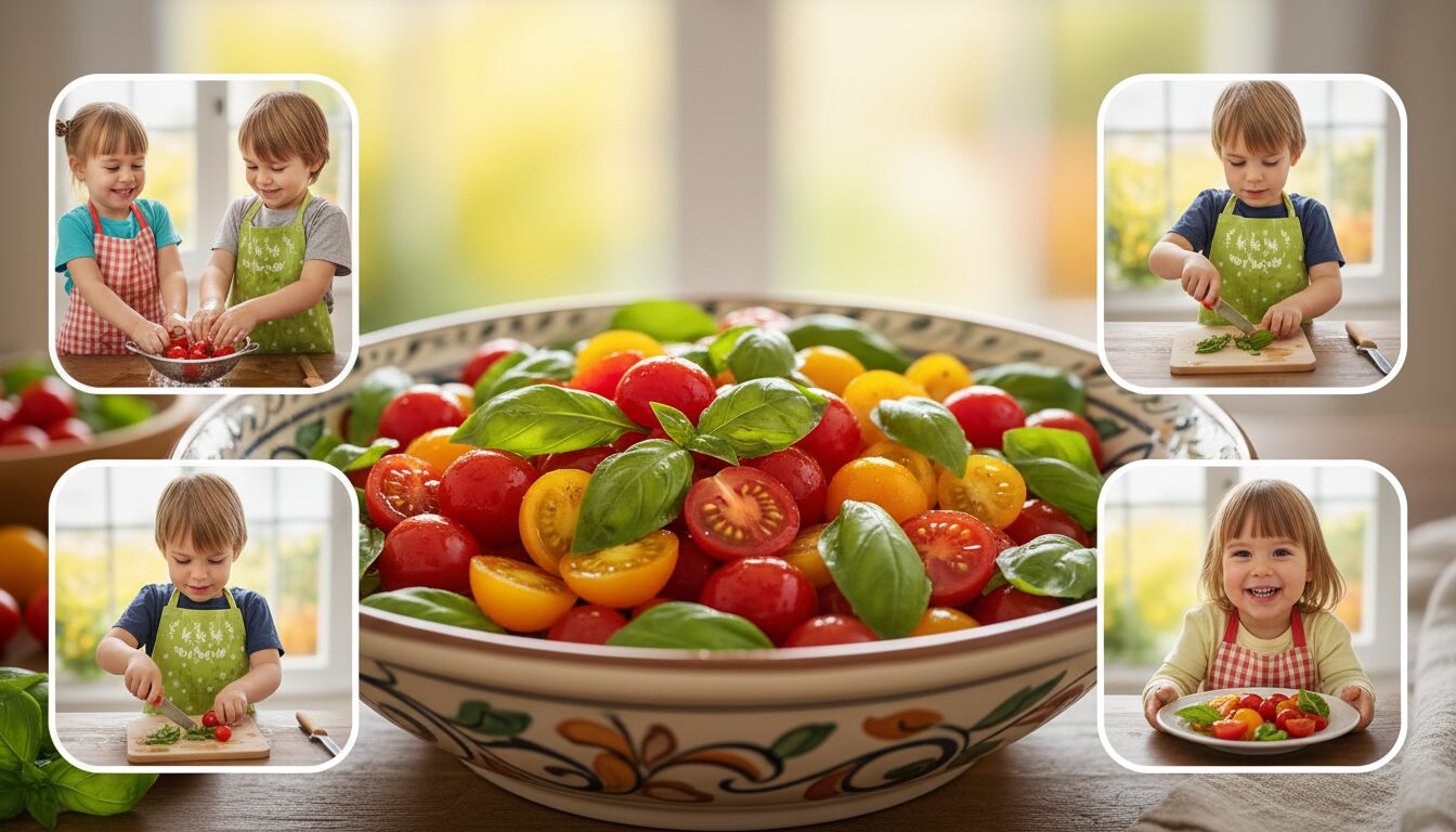 découvrez une recette facile de salade de tomates cerises au basilic, parfaite pour les petits cuistots en herbe. fraîche, colorée et savoureuse, elle ravira toute la famille !