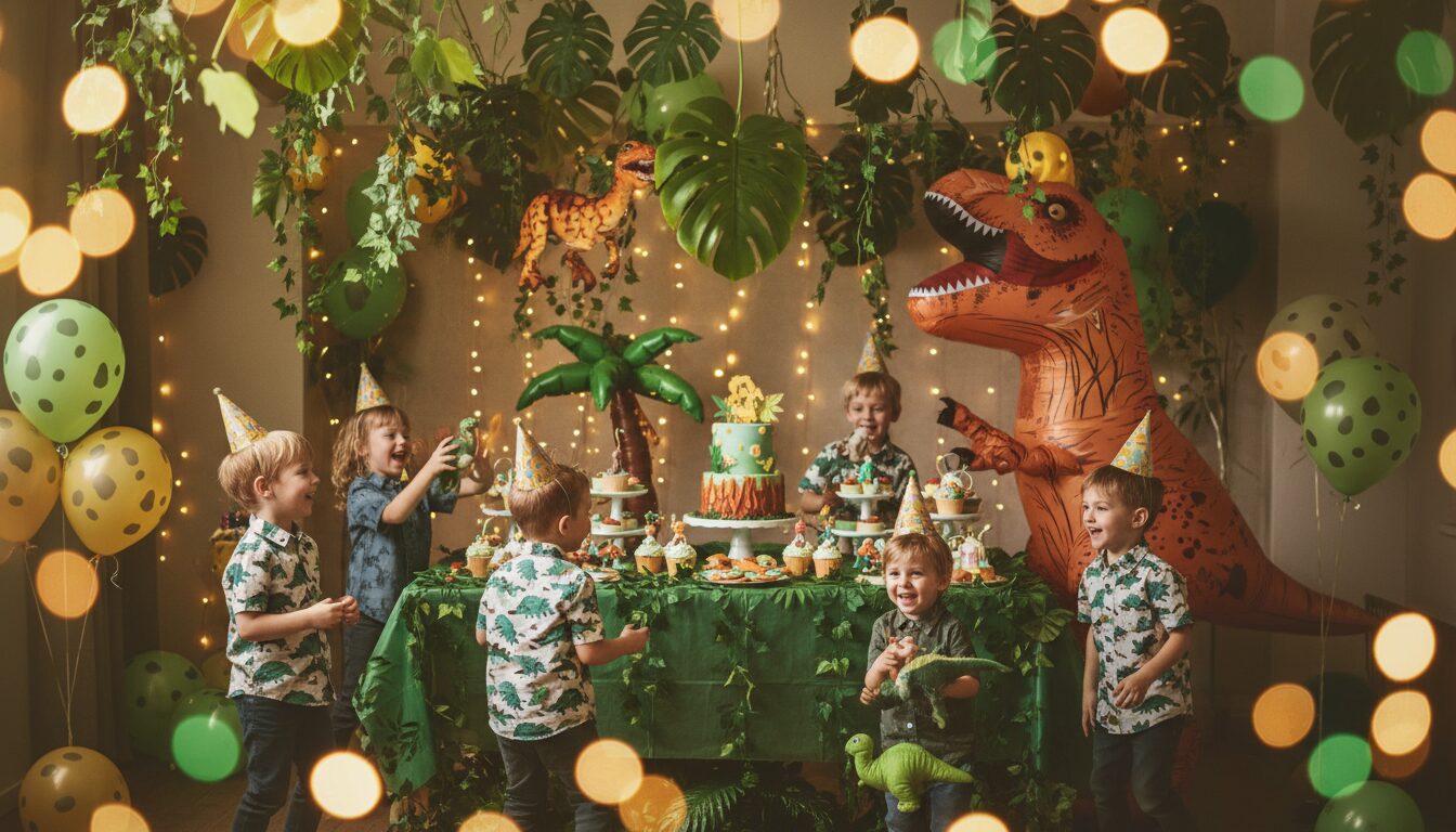 transformez la fête de votre enfant en une aventure extraordinaire avec nos décors de jungle et dinosaures, pour une ambiance ludique et inoubliable.
