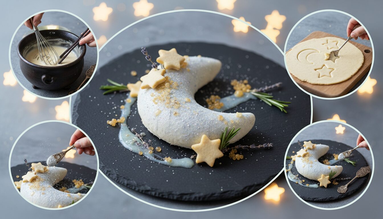découvrez un dessert lunaire enchanteur, mêlant la douceur des étoiles de vanille à une touche de sorcellerie gourmande, pour un voyage sensoriel unique.