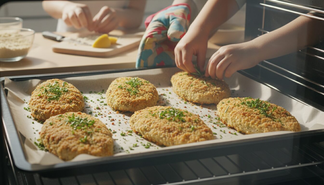 recette simple et savoureuse de filets de poisson panés au four, idéale pour initier les petits chefs à la cuisine saine et gourmande.