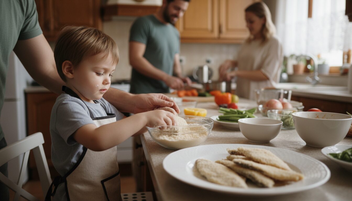 découvrez notre recette facile et saine de filets de poisson panés au four, idéale pour initier les petits chefs à la cuisine gourmande et équilibrée.