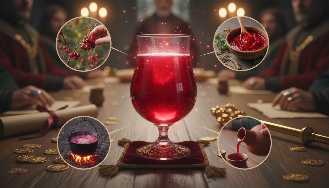 découvrez la potion de fruits rouges, une boisson délicieuse et envoûtante servie à la table du conseil royal, alliant saveurs authentiques et tradition.