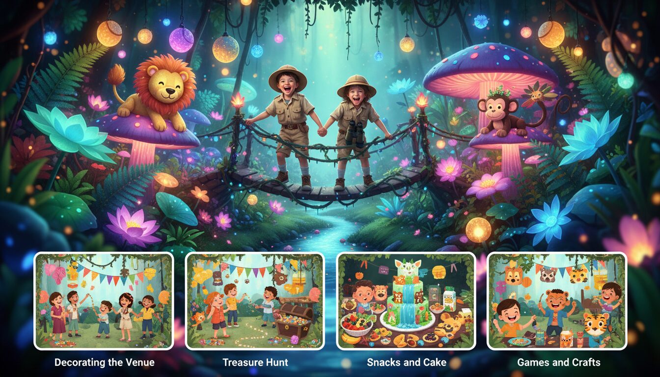 découvrez notre menu d'anniversaire clé en main 'l’expédition dans la jungle magique' spécialement conçu pour les enfants de 3 à 6 ans, pour une fête inoubliable pleine d'aventures et de magie.