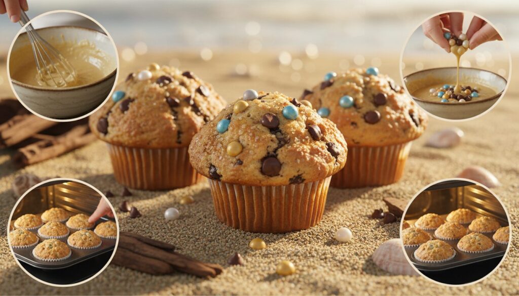 découvrez nos muffins aux perles de pirate, délicieusement moelleux, posés sur un sable doré croustillant pour une expérience gustative unique et originale.