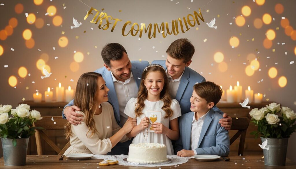 célébrez la communion de votre enfant en partageant un moment de joie et de bonheur avec vos proches lors de cette occasion spéciale.