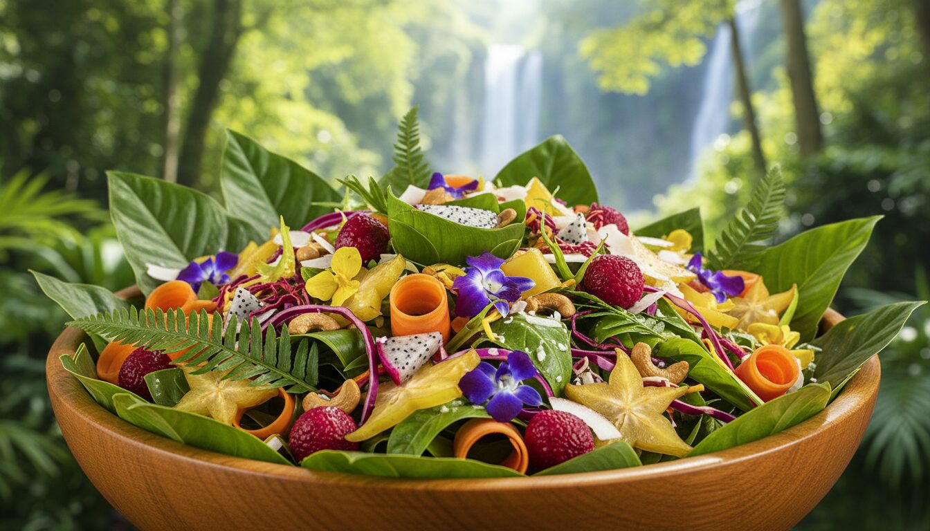 découvrez une salade fraîche et savoureuse, parfaite pour se revitaliser après une longue marche dans la jungle mystérieuse.