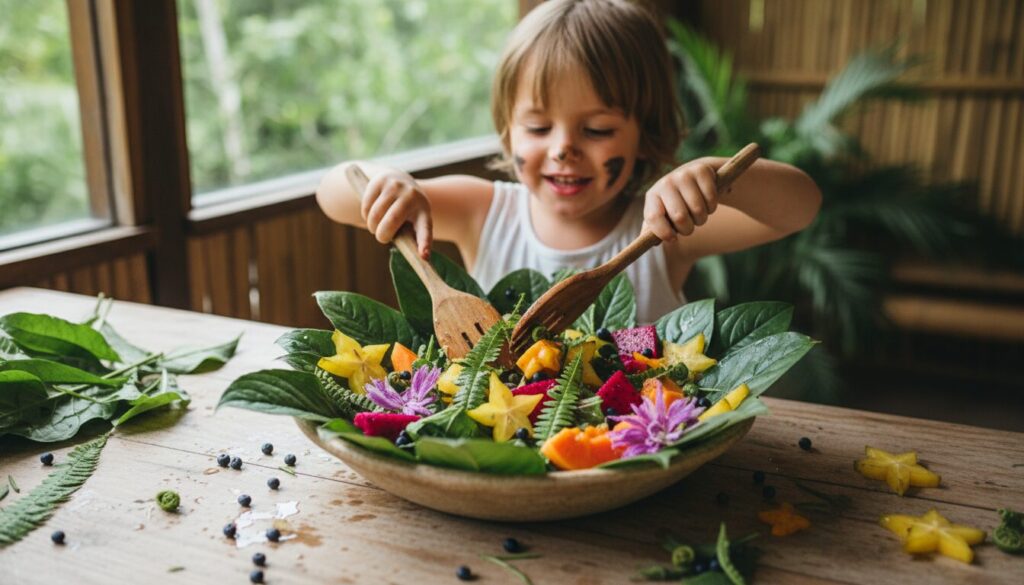 découvrez une salade fraîche et exotique inspirée de la jungle mystérieuse, parfaite pour se revitaliser après une longue marche.