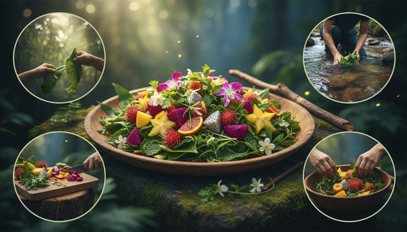 découvrez une salade fraîche et savoureuse inspirée de la jungle mystérieuse, parfaite pour se revitaliser après une longue marche pleine d'aventures.