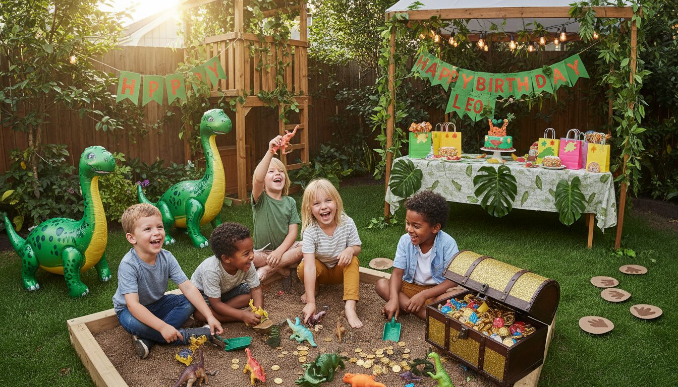 organisez un anniversaire ludique avec une chasse au trésor sur le thème jungle et dinosaures, une aventure captivante pour petits explorateurs.