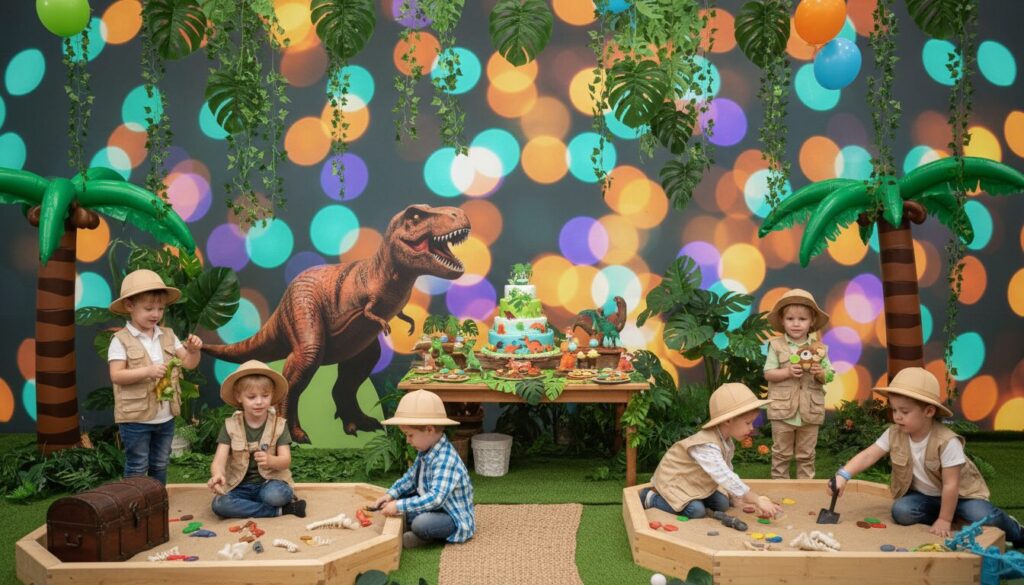 organisez un anniversaire ludique avec une chasse au trésor sur le thème jungle et dinosaures, une aventure captivante pour petits explorateurs en quête de trésors cachés.