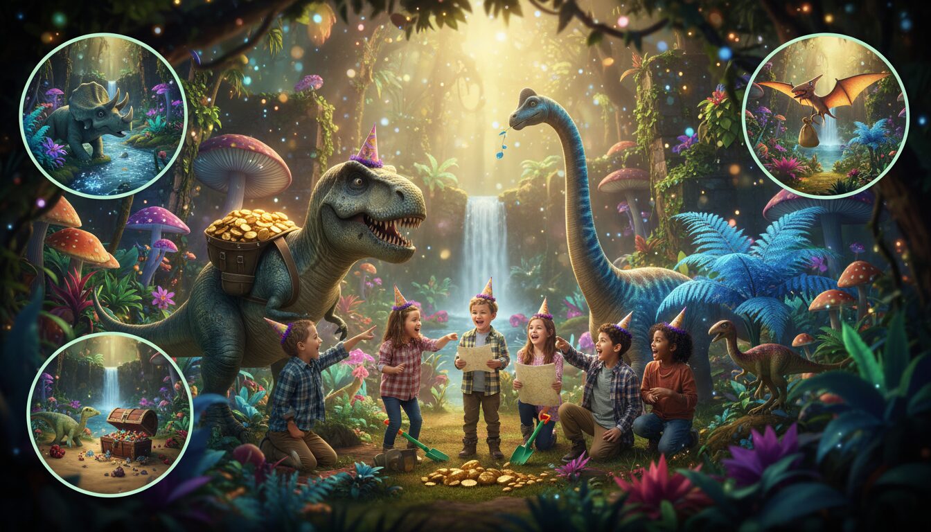organisez un anniversaire ludique avec une chasse au trésor sur le thème jungle et dinosaures, idéale pour éveiller l'imagination et l'esprit d'aventure des enfants.