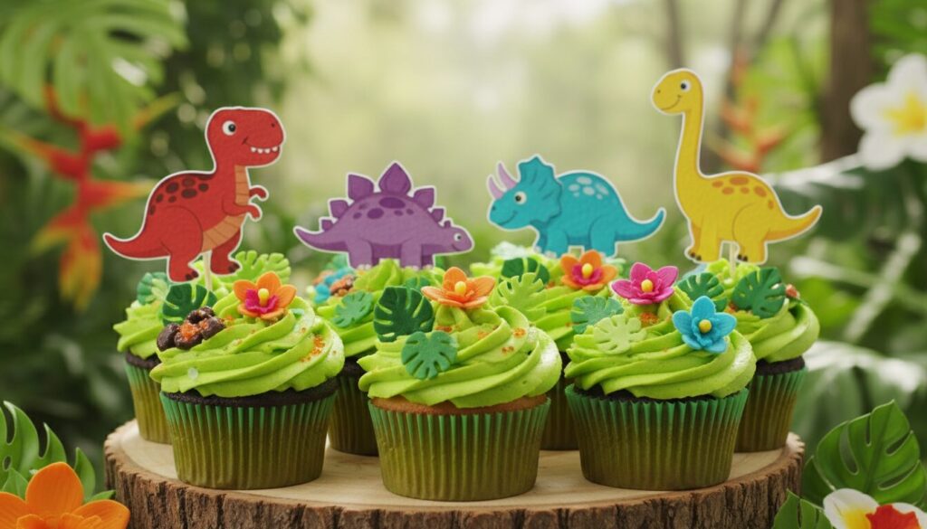 découvrez nos cupcakes inspirés de la forêt tropicale, parfaits pour les aventuriers et chasseurs de dinosaures en quête de gourmandises originales et savoureuses.