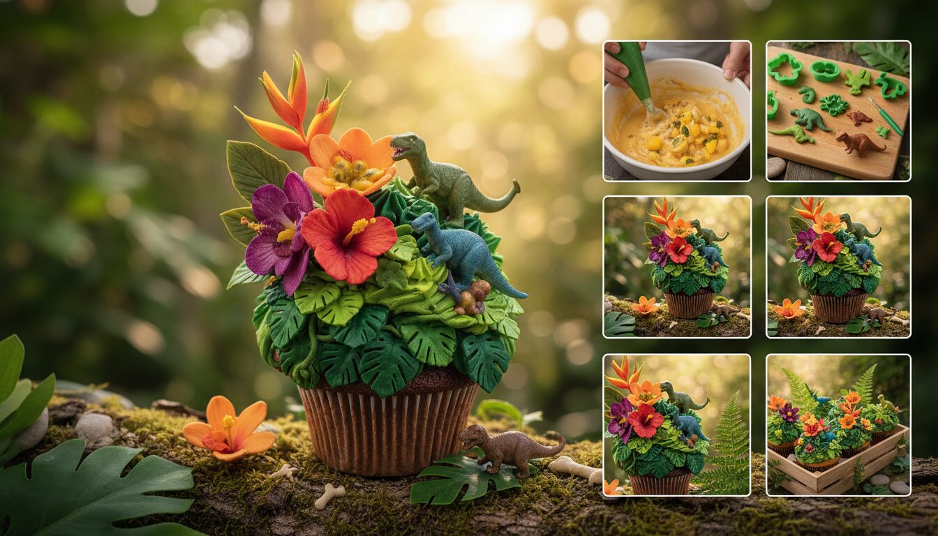 découvrez des cupcakes inspirés de la forêt tropicale, parfaits pour les chasseurs de dinosaures en quête d'aventure gourmande.