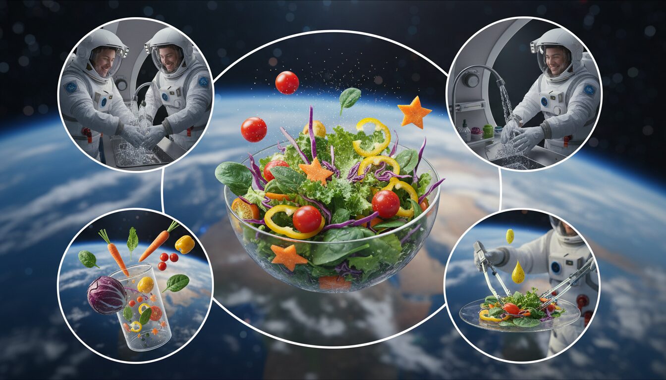 découvrez notre salade colorée spécialement conçue pour les équipages en orbite, alliant fraîcheur, saveurs et nutrition optimale dans un repas spatial innovant.