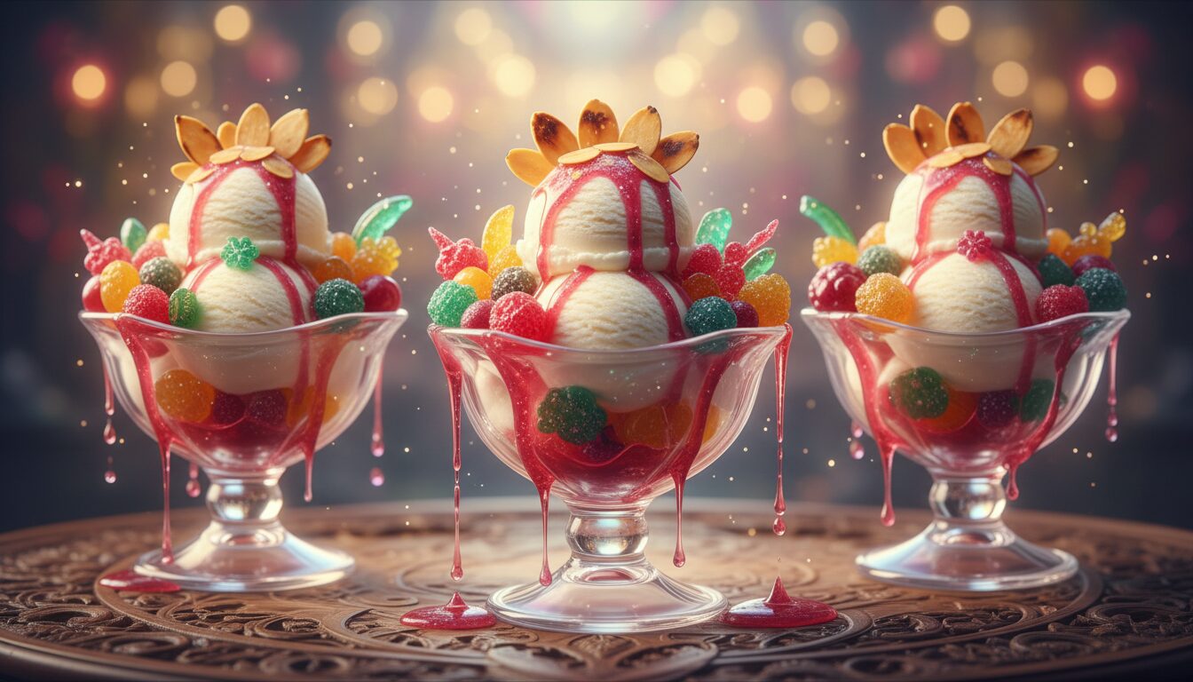 découvrez nos coupes glacées aux cristaux de fruits enchantés, une explosion de saveurs fraîches et magiques pour un dessert gourmand et féerique.