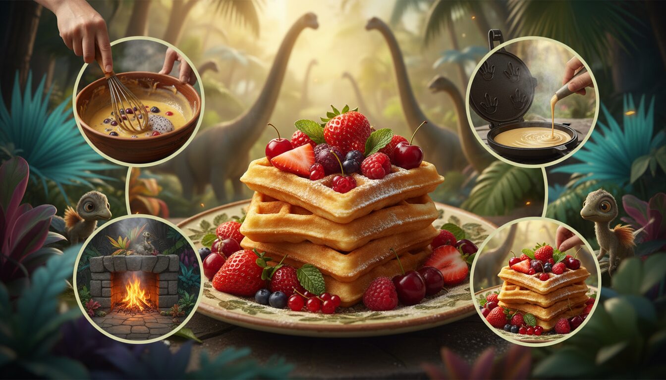 découvrez une recette gourmande de gaufres aux fruits rouges inspirée du monde des dinosaures, parfaite pour un petit-déjeuner ludique et savoureux.