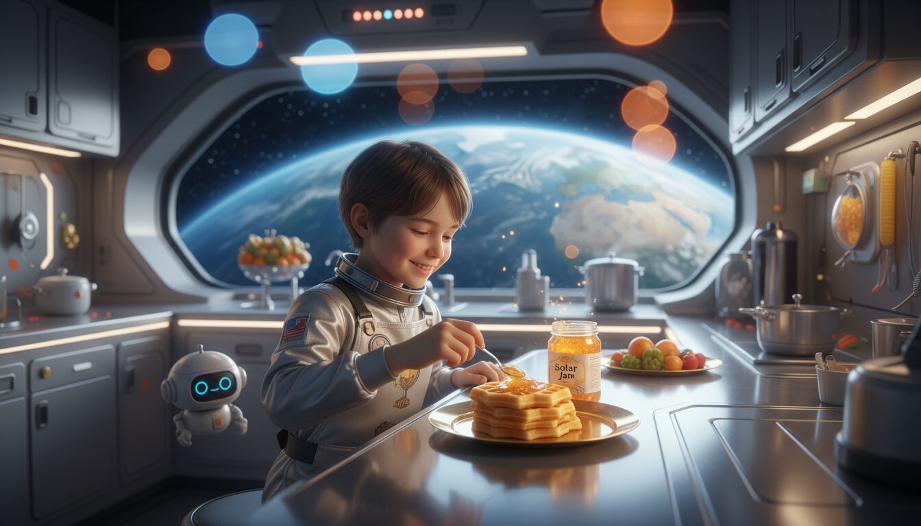 découvrez la recette unique des gaufres de la base spatiale, garnies de confiture solaire pour une expérience gustative cosmique et originale.
