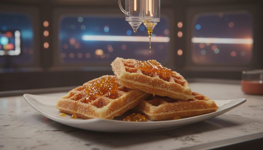 découvrez les délicieuses gaufres de la base spatiale, garnies de confiture solaire pour un voyage gustatif unique entre terre et cosmos.