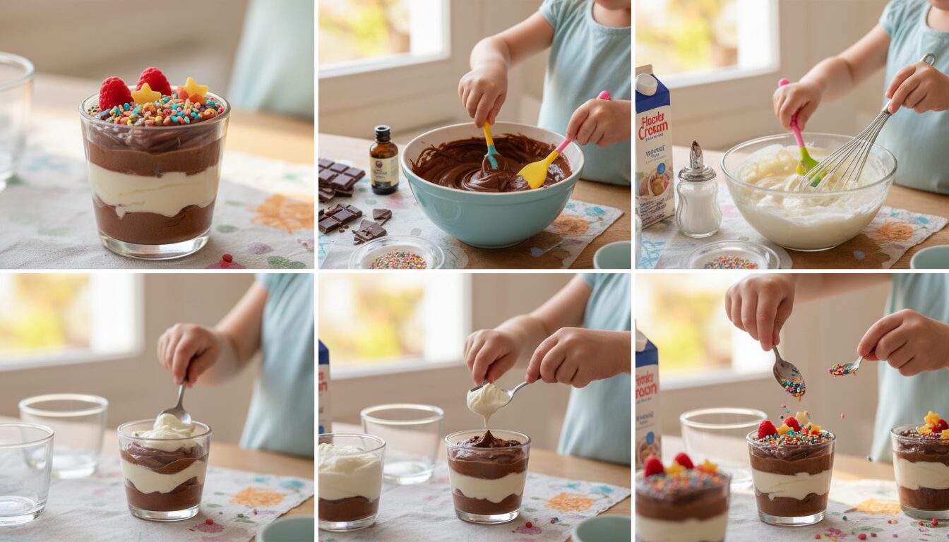 savourez une délicieuse crème dessert chocolat vanille en verrine, spécialement conçue pour les enfants. une gourmandise saine et facile à déguster.