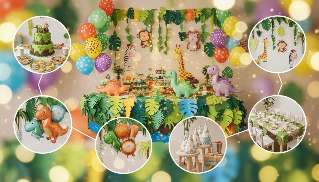 découvrez une décoration jungle et dinos adaptée pour une fête d'enfants de 3 à 6 ans, idéale pour un anniversaire ludique et coloré.