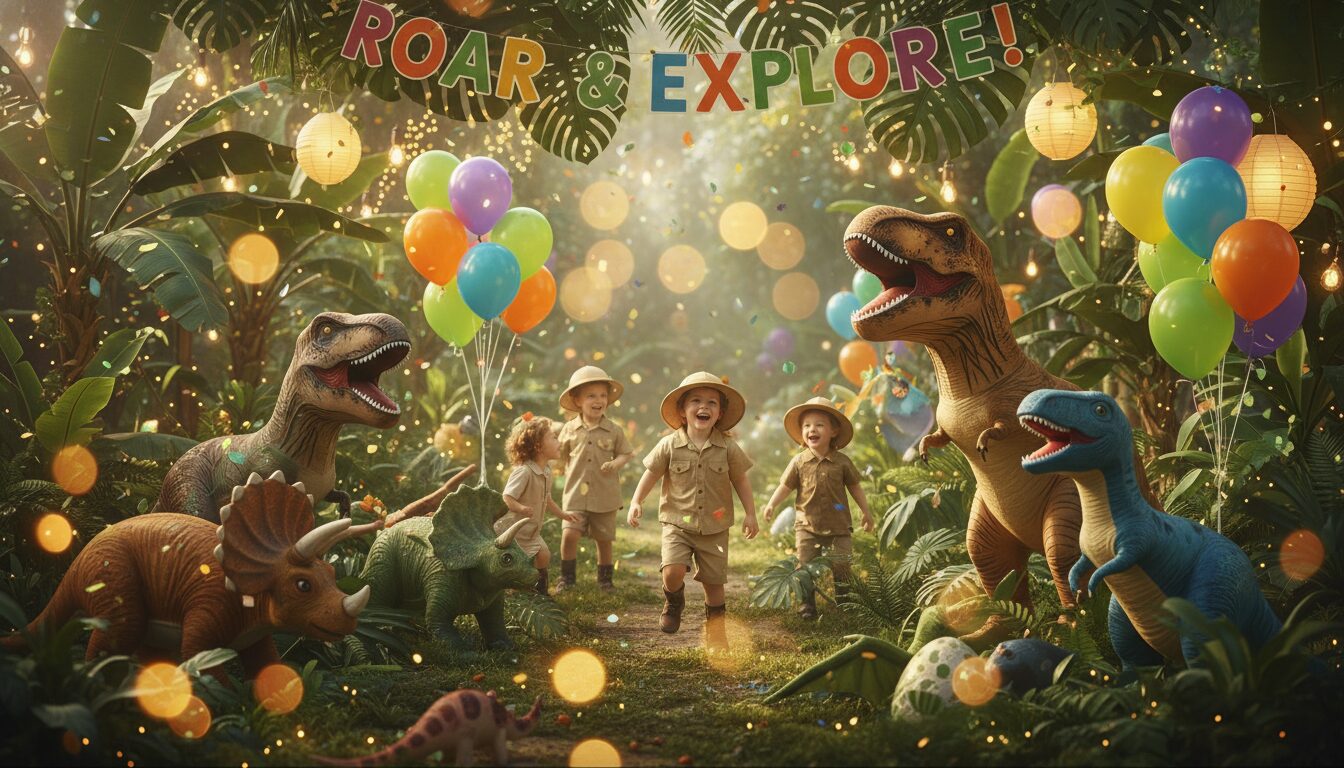 découvrez notre décoration jungle et dinos adaptée parfaitement à une fête d'anniversaire pour les enfants de 3 à 6 ans, pour une ambiance amusante et immersive.